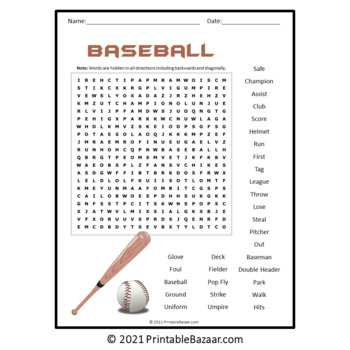 Baseball Word Search Puzzle No Prep Activity Game Printable Pdf