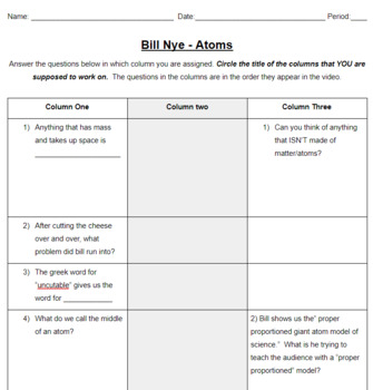 Bill Nye Atoms Worksheet Accommodations Tiered Questions Built In