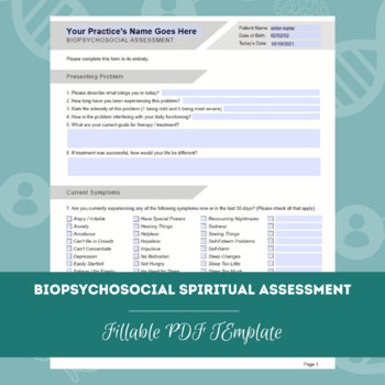 Biopsychosocial Spiritual Assessment Template Editable Fillable Printable