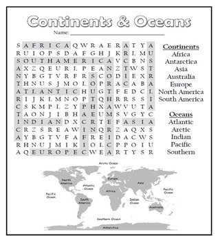 Continents And Oceans Geography Vocabulary Word Search Puzzle TpT