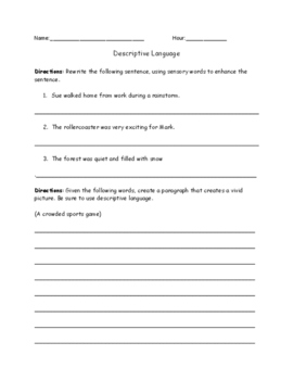 Descriptive Language Worksheet By Kaleb Schumer Tpt