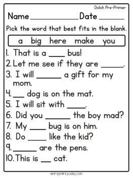 Dolch Sight Word Cloze Sentences By Mrs Sparks Class Tpt