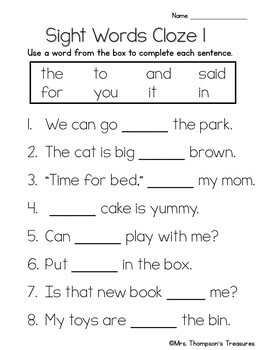 Dolch Sight Words Cloze Activities Worksheets By Mrs Thompson S Treasures