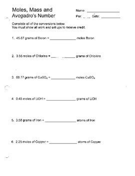 Avogadro S Number And The Mole Worksheet Answers