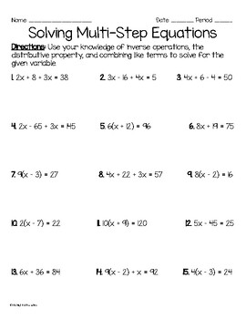 Multi Step Equations Worksheet Activity Combine Like Terms Distribute