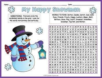 My Happy Snowman Word Search Leveled Worksheets With Coloring Options