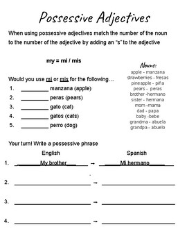 Possesive Adjectives Spanish Worksheet Handout Matching Number And Gender