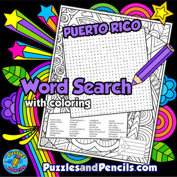 Puerto Rico Word Search Puzzle Activity Page With Coloring Caribbean