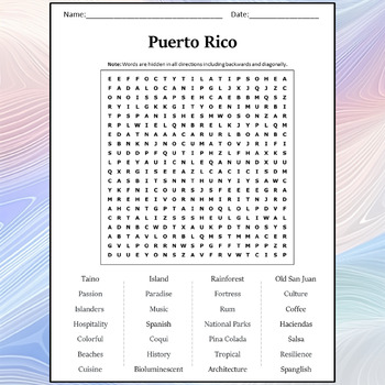 Puerto Rico Word Search Puzzle Worksheet Activity By Word Search Corner