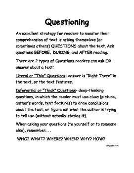 QUESTIONING Comprehension Strategy By My Literacy Corner TpT