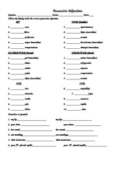 Possessive Adjectives In Spanish Worksheets