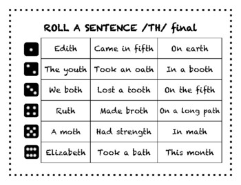 Roll A Sentence Th Final Position Articulation Freebie By Lauren Chahalis