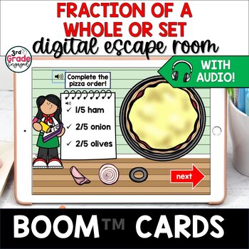 Preview of Fractions of a Set or Whole Boom Cards Math Escape Room Activity with Audio