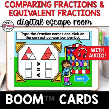 Preview of 3rd Grade Comparing Fractions Equivalent Fractions Boom Cards Escape Room