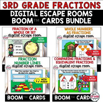 Preview of 3rd Grade Fractions Escape Rooms Boom ™ Cards Math Activities Bundle with Audio