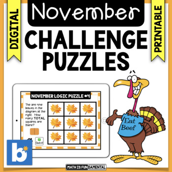 Preview of November Brain Teasers & Challenge Puzzles | Boom Cards | Digital & Printable