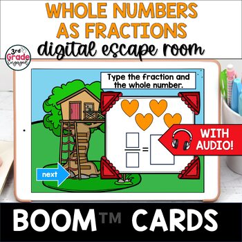 Preview of Whole Numbers as Fractions Boom Cards Math Escape Room with Audio