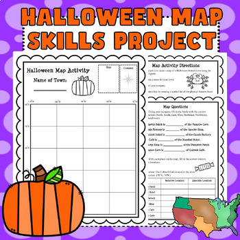 Preview of Halloween Map Project (Absolute and Relative Location & Cardinal Directions)