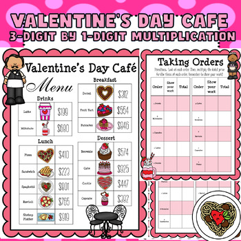 Preview of Valentine's Day Math Cafe: 3-Digit by 1-Digit Multiplication