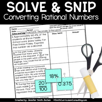 Preview of Converting Fractions, Decimals & Percents Solve and Snip® Word Problems