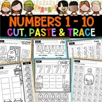 Preview of October Math | Halloween Numbers 1-10 Cut, Paste & Trace Worksheet
