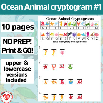 Preview of #1 OCEAN/ SEA ANIMAL cryptograms: 10 PAGES UPPER & LOWERCASE WORKSHEETS