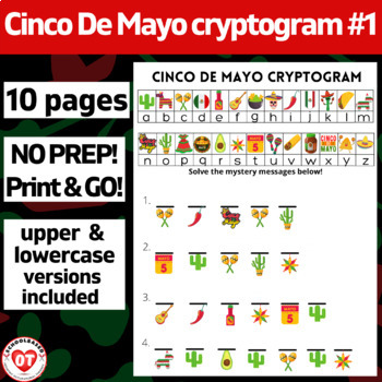 Preview of #1 OT CINCO DE MAYO cryptogram worksheets: 10 no prep pages: decoding words