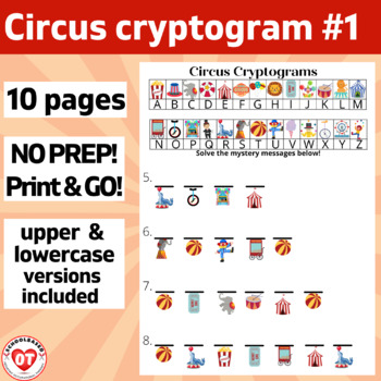 Preview of #1 OT CIRCUS cryptogram worksheets: 10 pages-UPPER & LOWERCASE VERSIONS no prep