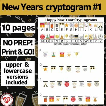 Preview of #1 OT NEW YEARS cryptogram worksheets: 10 no prep pages: Decode secret words