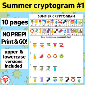 Preview of #1 OT SUMMER cryptogram worksheets: 10 no prep pages: Decode words/phrases