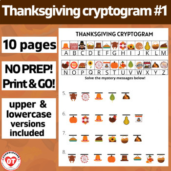 Preview of #1 OT THANKSGIVING cryptogram worksheets: 10 pages of Decoding words/phrases