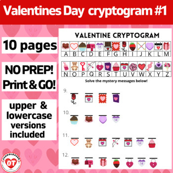 Preview of #1 OT VALENTINES DAY cryptogram worksheets 10 no prep pages Decode words/phrases