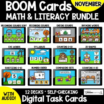 Preview of November Math and Literacy Boom Cards Fall BUNDLE
