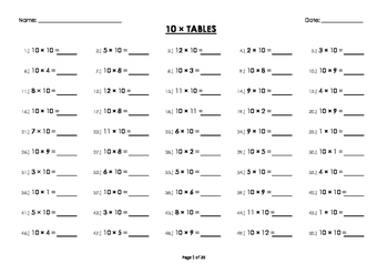 Preview of (10 x) Ten Multiplication/Times Tables Drill/Mental Maths Worksheets/Booklet