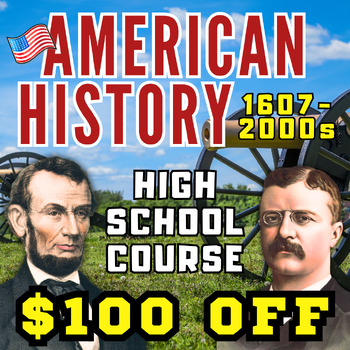 Preview of US History Course American Curriculum, Lessons, Projects, Activities, Evaluation