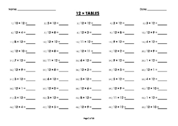 Preview of (12 x) Twelve Multiplication/Times Tables Drill/Mental Maths Worksheets/Booklet