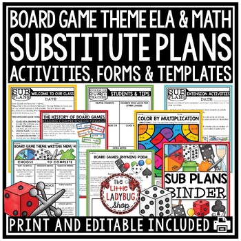 Preview of Board Games Theme Substitute Binder Templates Emergency Sub Plans 3rd 4th Grade