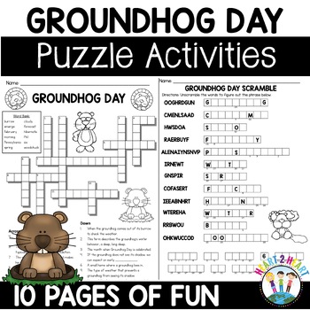 Groundhog Day Puzzles Activity Crossword Word Search Math Maze | TPT