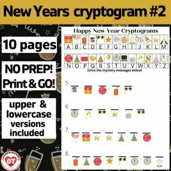 Preview of #2 OT NEW YEARS cryptogram worksheets: 10 no prep pages: Decode secret messages