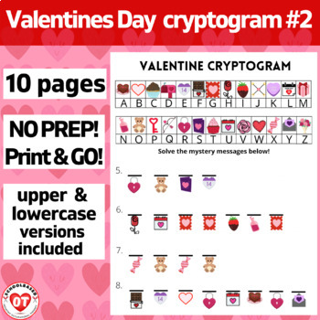Preview of #2 OT VALENTINES DAY cryptogram worksheets 10 no prep pages Decode words/phrases