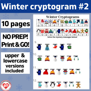 Preview of #2 OT winter cryptogram worksheets: 10 no prep pages Decode words/phrases 