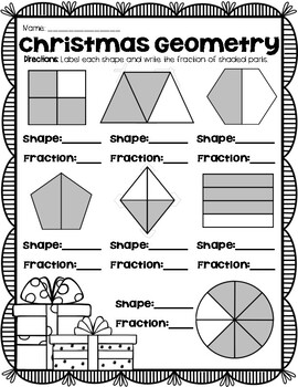 Preview of Christmas Geometry and Fractions Practice Worksheets