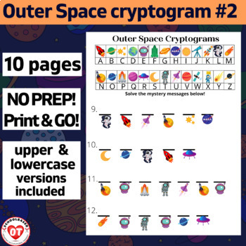 Preview of #2 SPACE cryptogram Worksheets: OT 10 pgs  w/ UPPER & LOWERCASE VERSIONS