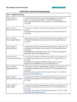 Preview of '23-'24 AP CSP Homework Assignments for code.org curriculum