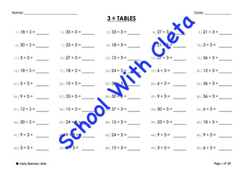 3 simple division by three mental maths drill worksheets booklet