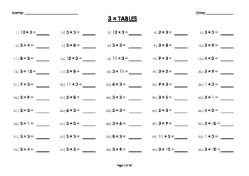 Preview of (3 x) Three Multiplication/Times Tables Drill/Mental Maths Worksheets/Booklet