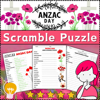 Preview of (3rd, 4th, 5th, 6th) Anzac Day Scramble Puzzle Worksheet Activity ⭐No Prep⭐