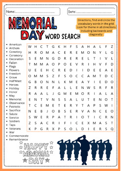 Preview of (3rd, 4th, 5th, 6th Grade) MEMORIAL DAY Word Search Puzzle Worksheet Activity