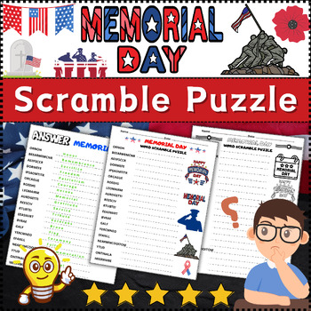 Preview of (3rd, 4th, 5th, 6th) Memorial Day Scramble Puzzle Worksheet Activity ⭐No Prep⭐