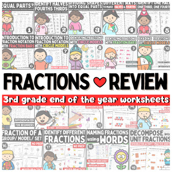 Preview of ❤️ 3rd grade End of the year Fractions Worksheets Bundle Activities Math review